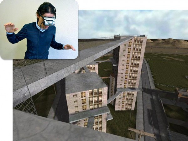 A man using virtual reality for acrophobia therapy